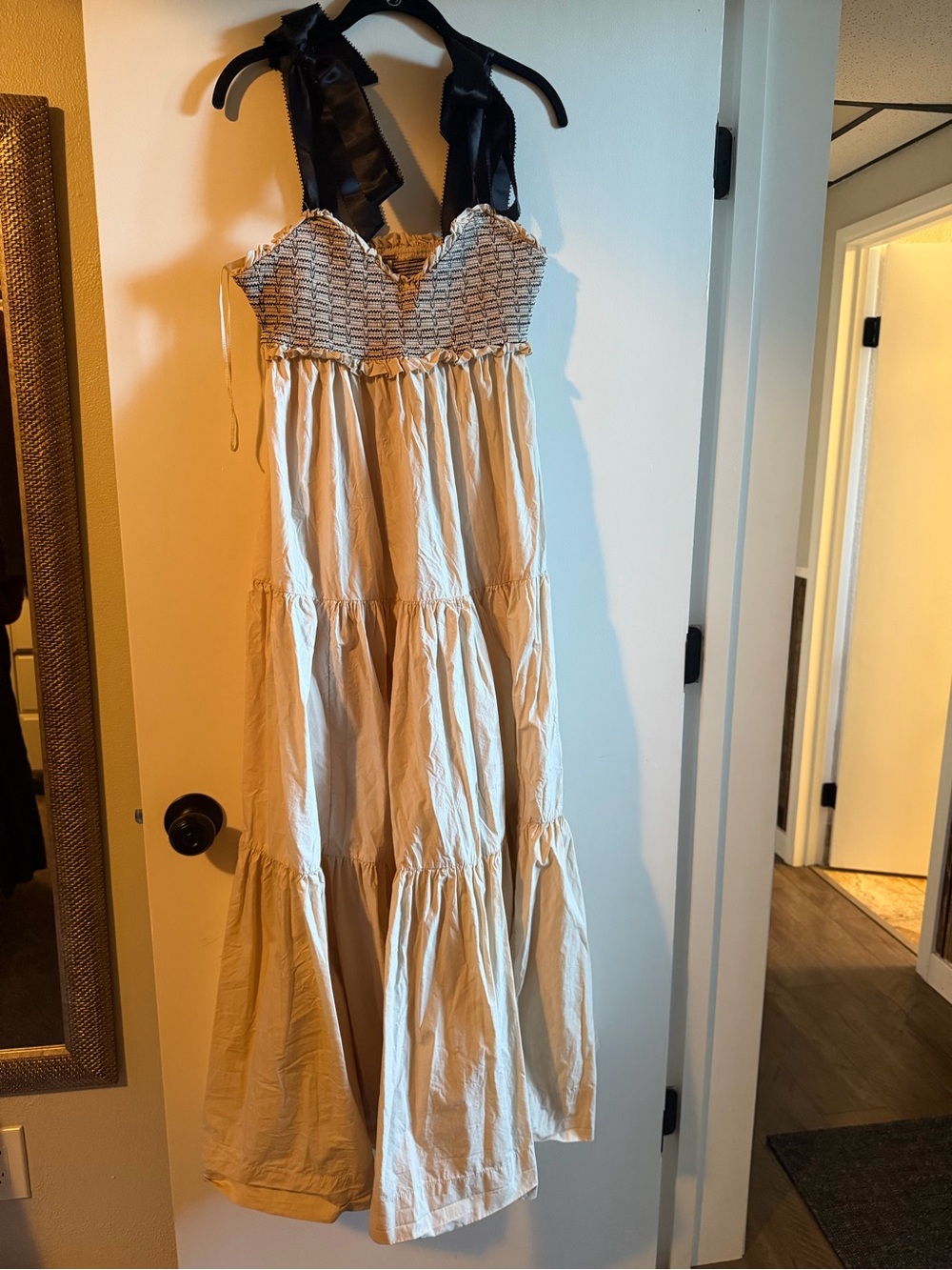Free People Cream Tiered Maxi Dress with Black Halter Ties